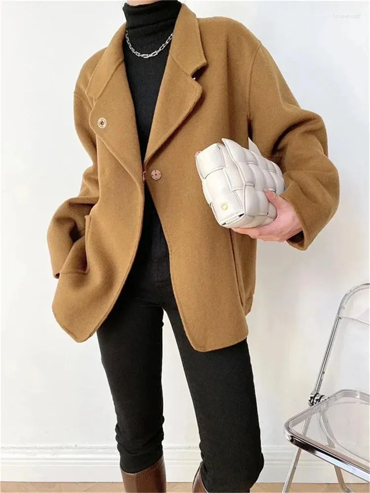 Женское вязаное женское двустороннее шерстяное пальто с зубчатым воротником, зима 2024, женская однобортная однобортная куртка с длинными рукавами