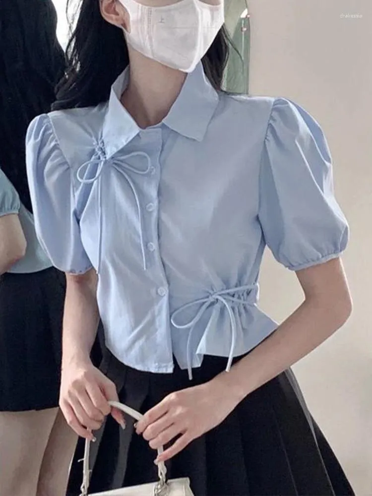 Frauen Blusen Blau Crop Top Frauen Sommer Puff Sleeve Bluse Weibliche Koreanische Mode Aushöhlen Hemd Damen Vintage Süße Dünne blusas Para