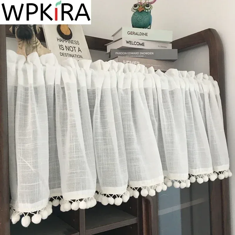 Curtains 1 PCS Rod Pocket White Pom Pom Short Curtain Kitchen Japanese Small Window Solid Color Cross Linen Voile Half Curtain AD206H