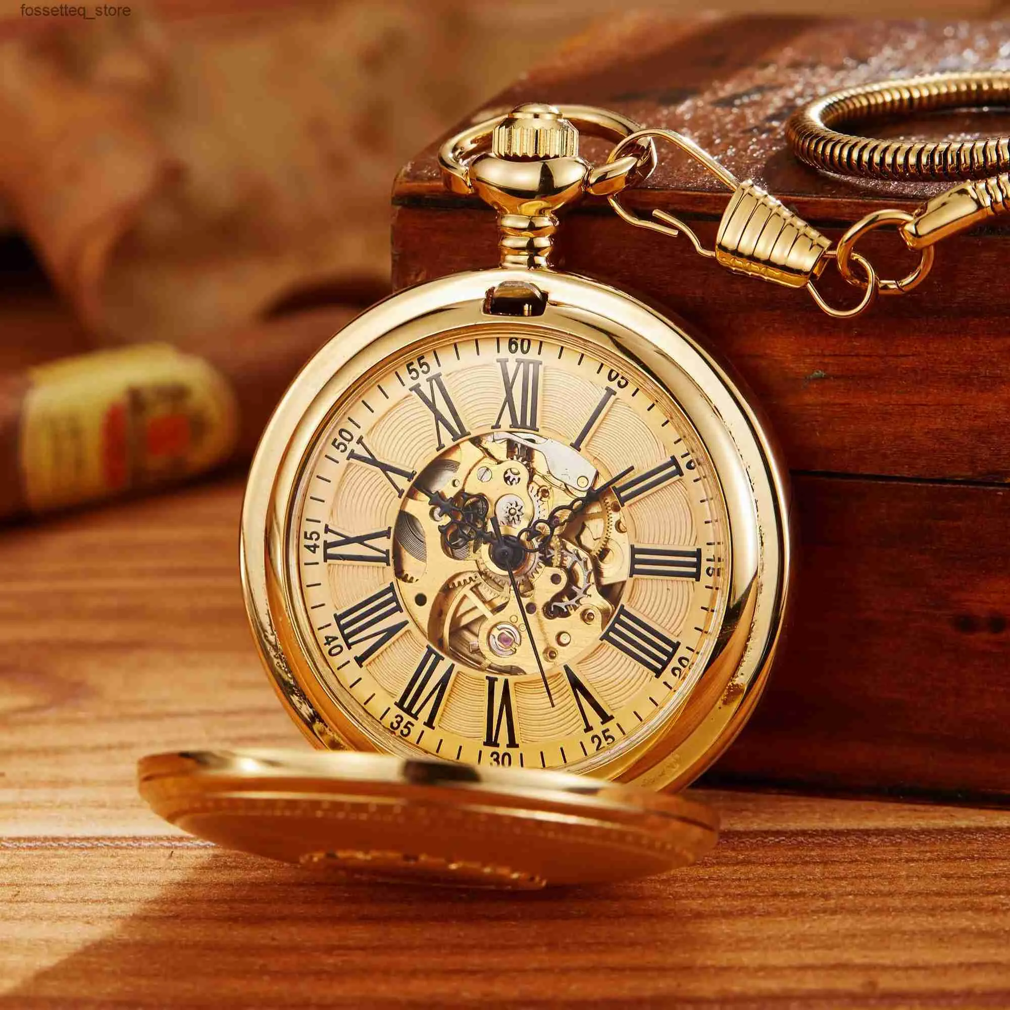 Pocket Watches Vintage Luxury Gold Carving Automatic Mechanical Pocket for Men Engraved Golden Case Fob Chain Clock for Collection L240322