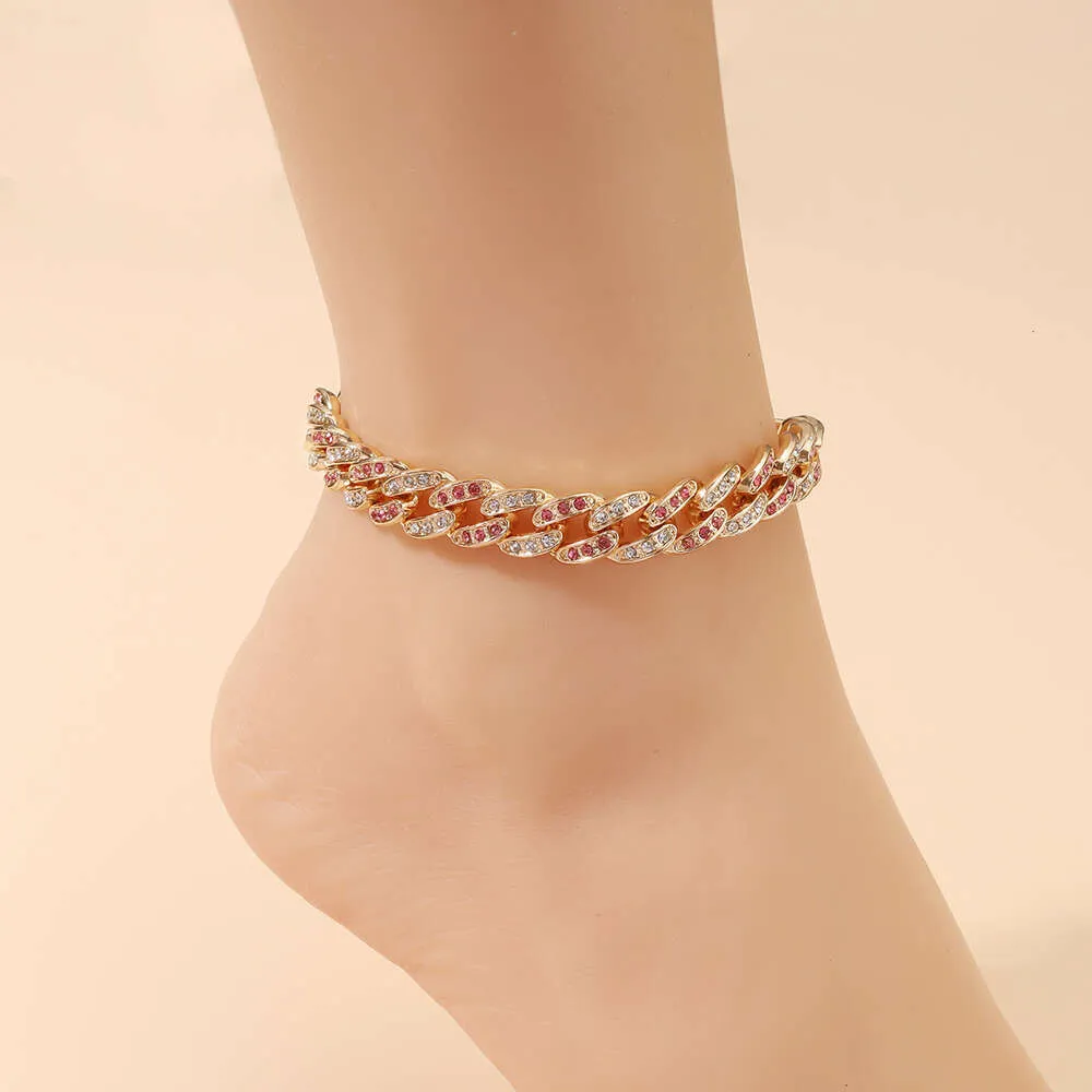 Exaggerated Colored Rhinestone Cuban Buckle Ankle Chain