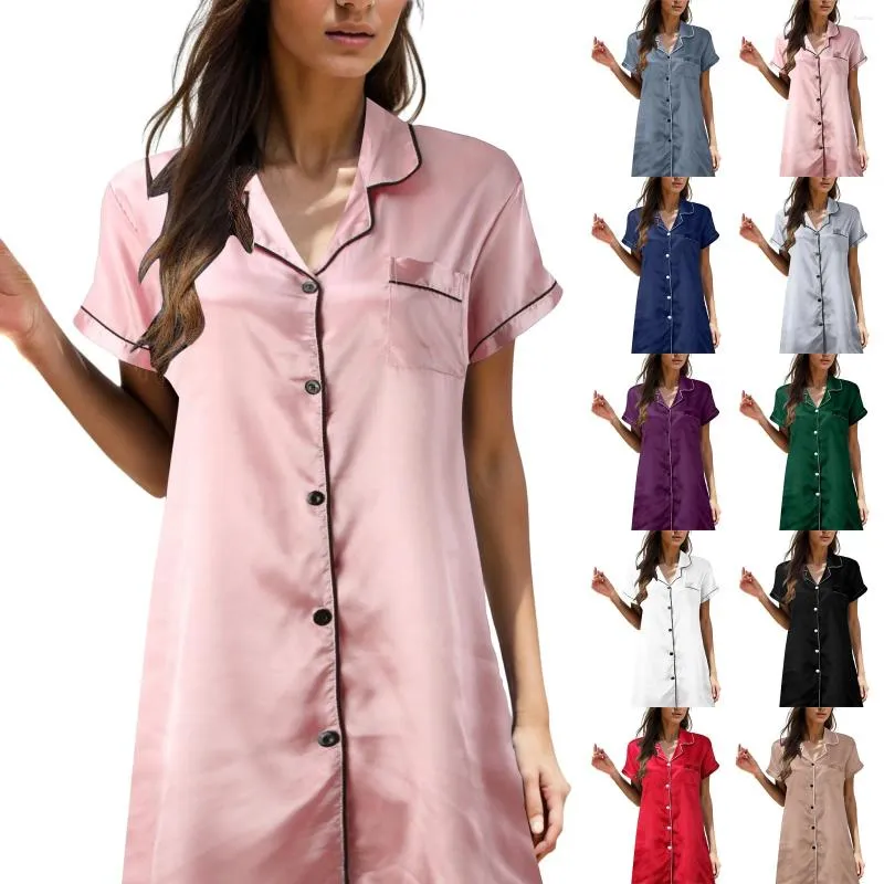 Vêtements de nuit pour femmes Femmes Satin Chemises de nuit Solide Manches courtes Pyjamas Robe de nuit Vêtements de nuit Chemise à simple boutonnage Chemise de nuit Pijama