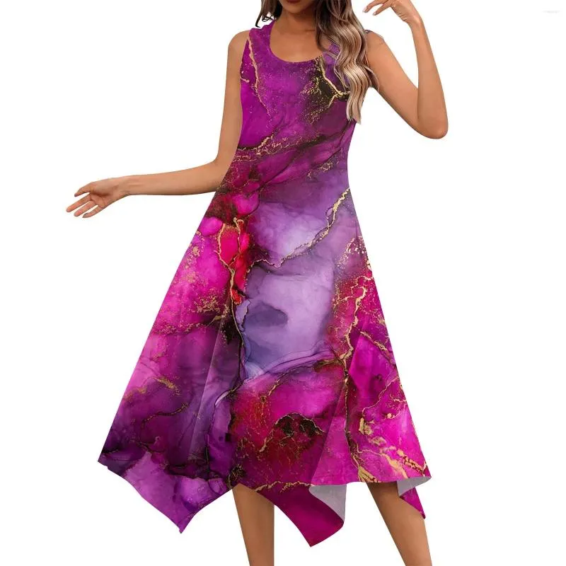 Casual Dresses Elegant For Women Daily Print Mid-Calf Womens 2024 Round Neck Sleeveless Frocks Vestidos Cortos