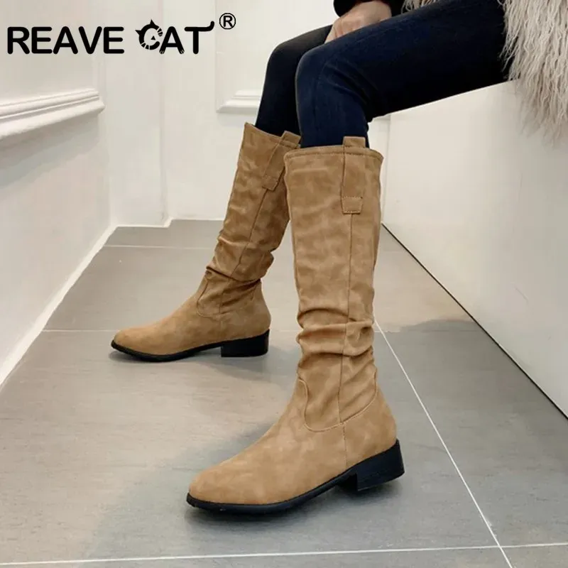 Boots REAVE CAT ladies winter boots knee boots slip on shoes low flat heels Warm plush casual footwear big size 44 46 botines mujer