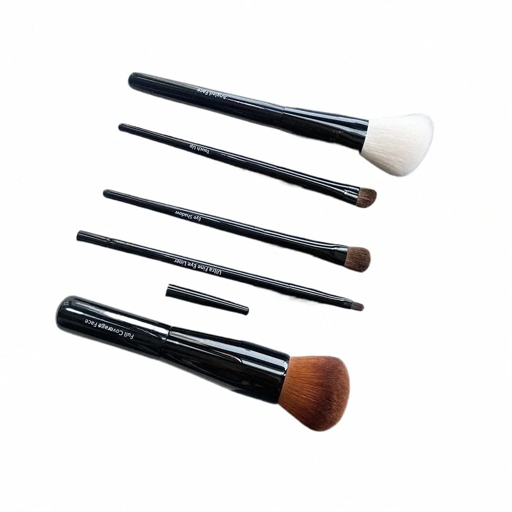 travel Sized Makeup Brushes Set 5-Pcs Black Full Coverage Angled Ctour Eye Shadow Lip Liner Cosmetics Blending Tools Kit 62tY#