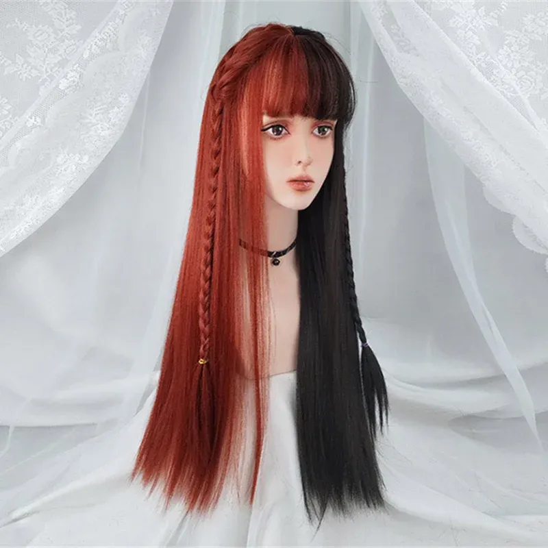 Parrucche VICWIG parrucca cosplay per capelli sintetici lunghi lisci da donna nera bianca gialla rossa parrucca con cuciture bicolore resistenza al calore