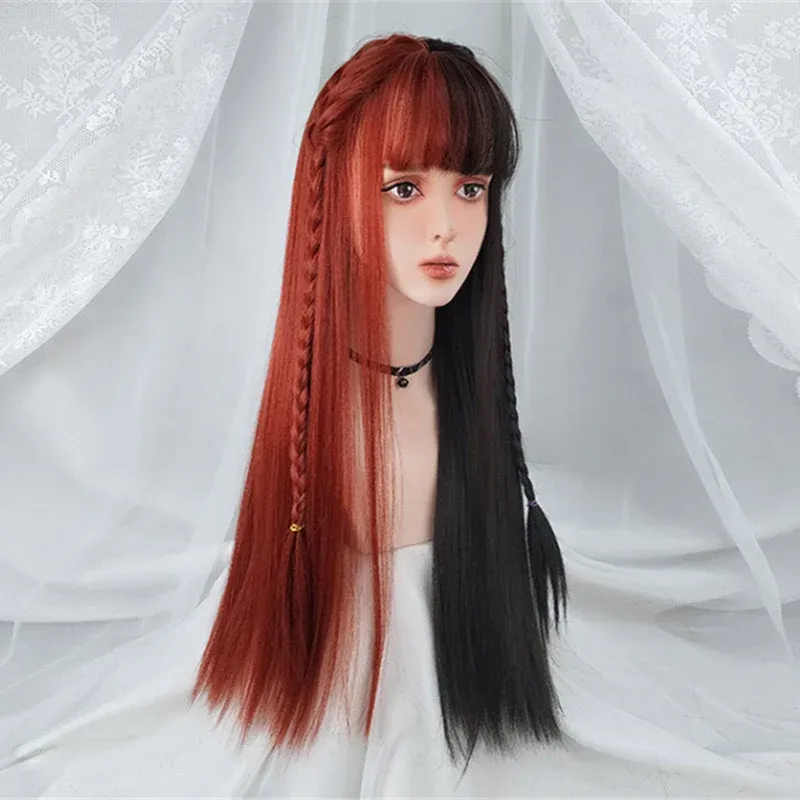 Perucas Vicwig Mulheres Longas Retas Cabelo Sintético Peruca Cosplay Preto Branco Amarelo Vermelho Twocolor Costura Peruca Resistência ao Calor