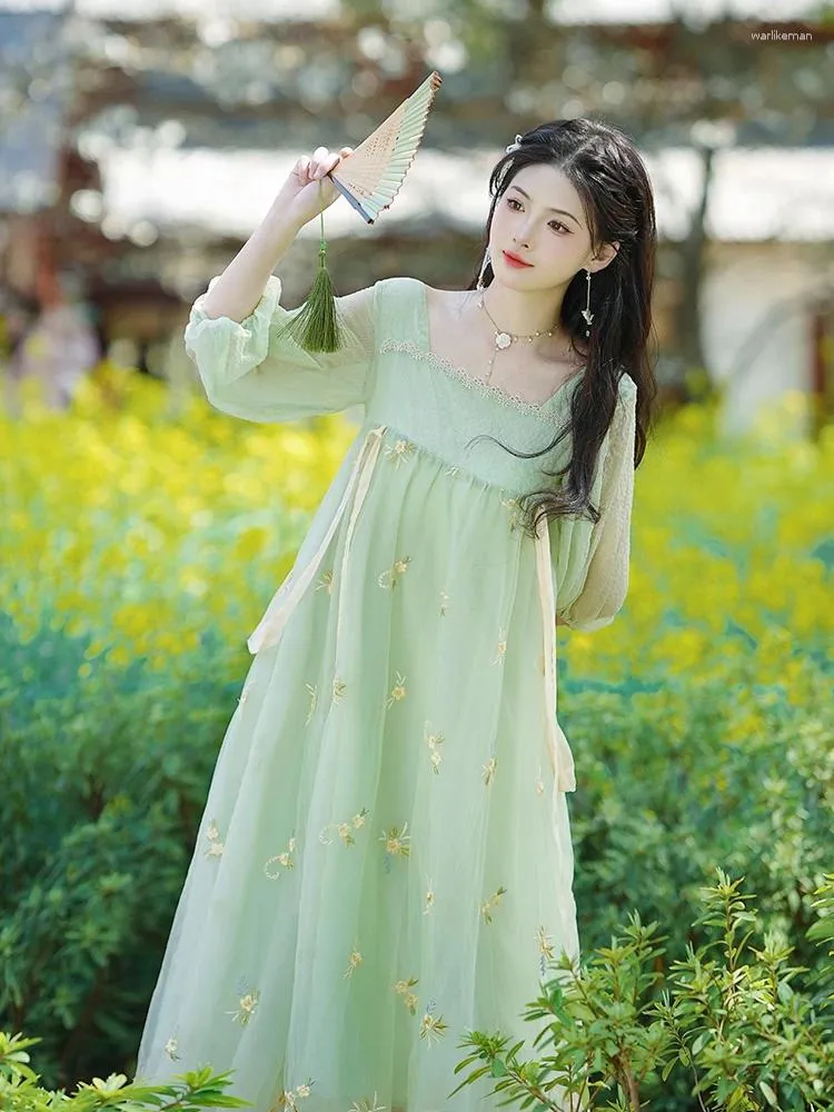 Robes de soirée Chinois Han Style Broderie Floral Robe Rétro Col Carré Dentelle Patchwork Costumes D'été Vert Lâche Cordon