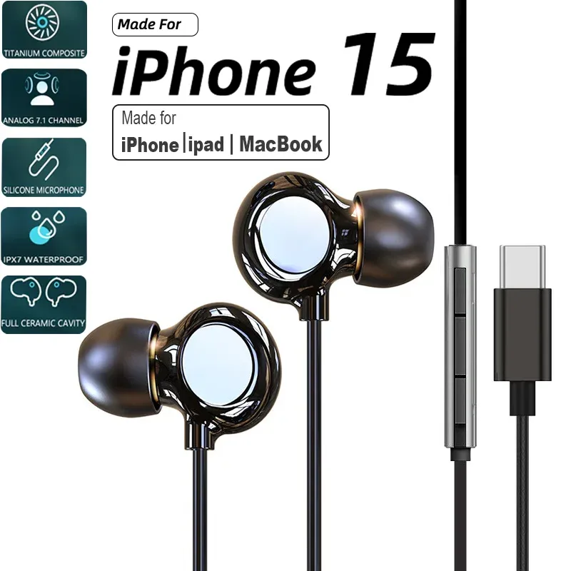 Fones de ouvido cerâmicos para iphone 15 14 ipad macbook usb c fone de ouvido 3.5mm mp3 microfone com fio fone de ouvido de jogos highend celular earbud 2023