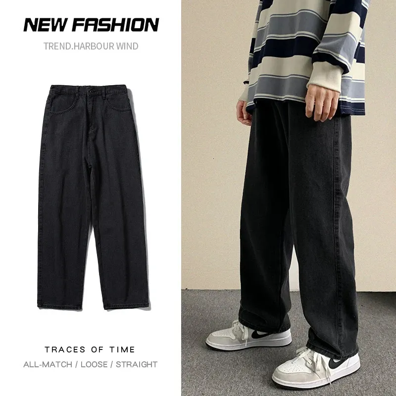 Streetwear Baggy Jeans Men Korean Fashion Loose Straight Wide Leg Pants Male Brand Clothing Black Light Blue 240319
