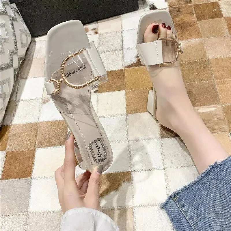 Slippers Clear Shoes White Low Heel Summer 2024 Slides Job Outside Transparent Women's And Ladies Sandals Chic Elegant Clappers