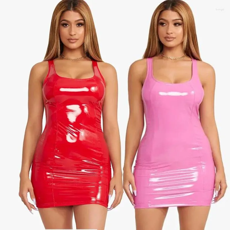 Casual Dresses Sexy Pink PU Leather Bodycon Dress Summer Women Sleeveless Low Cut Back Zipper High Elastic Mini Party Club