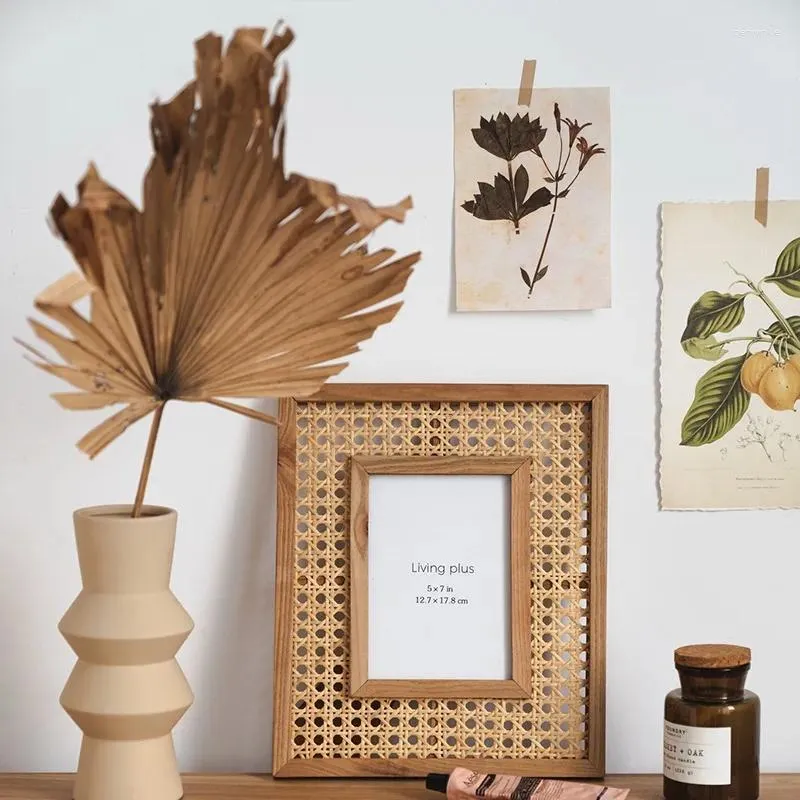 Frames 5x7 i Boho Rattan Bildram med trägränsvägg PO för familjens gåvor Dekor