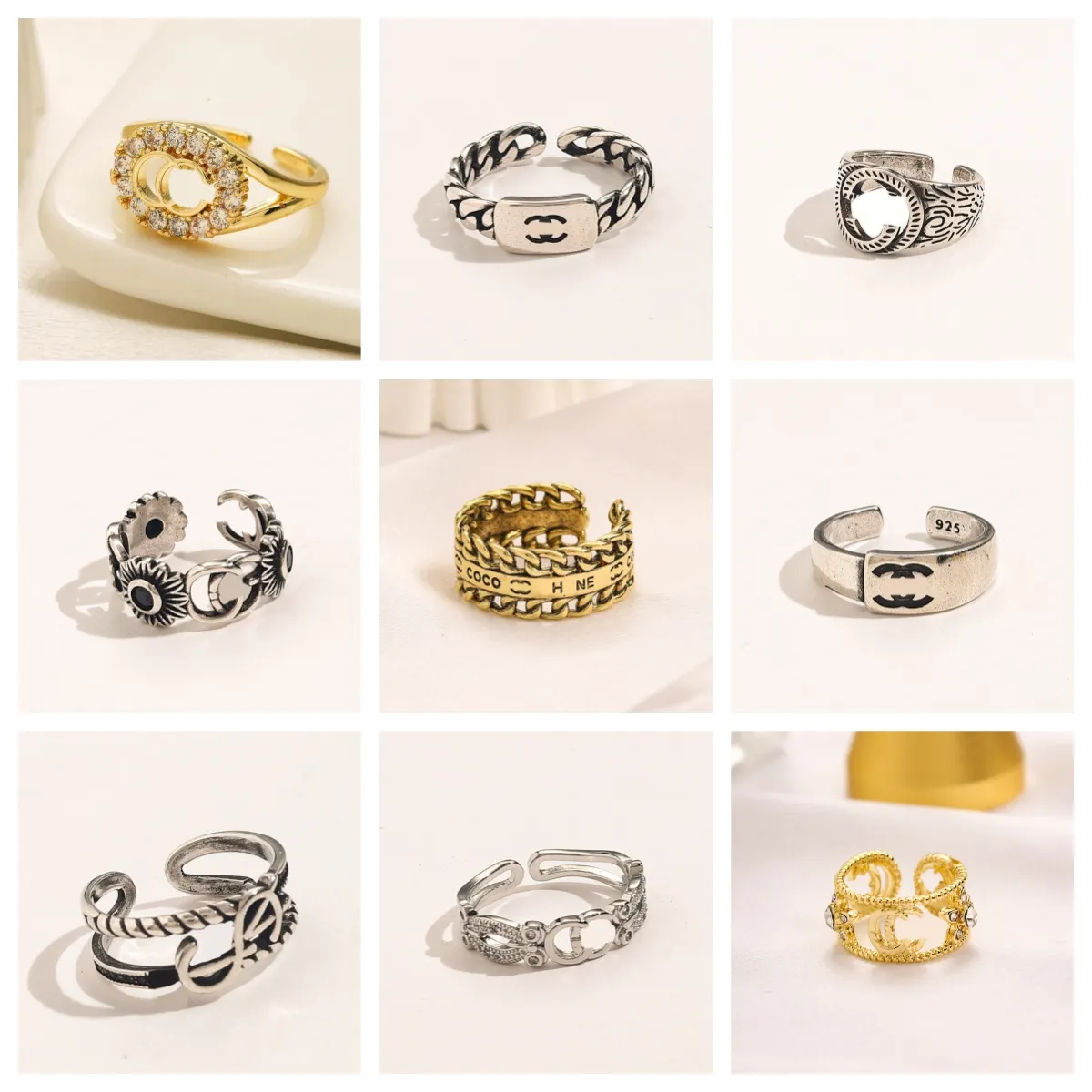 20 estilo marca designer anel 18k banhado a ouro prata carta banda anéis para moda feminina jóias anel de diamante aberto ajustável senhoras presente