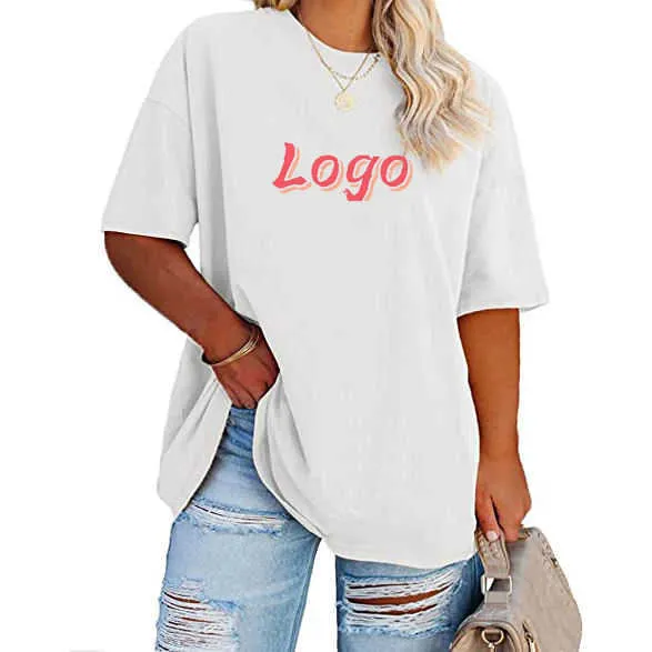 200 gram Drop Shoulder T-shirt Kvinnor Streetwear Cotton Plain Womens T-shirts Långt efter lösa överdimensionerade tshirt kvinnor rosa