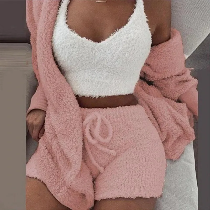 Fluffy Pajamas Set for Women Casual Sleepwear Tank Top and Shorts Plus Size Hoodie Leisure Homsuit Winter 3 Pieces Pijamas 240322