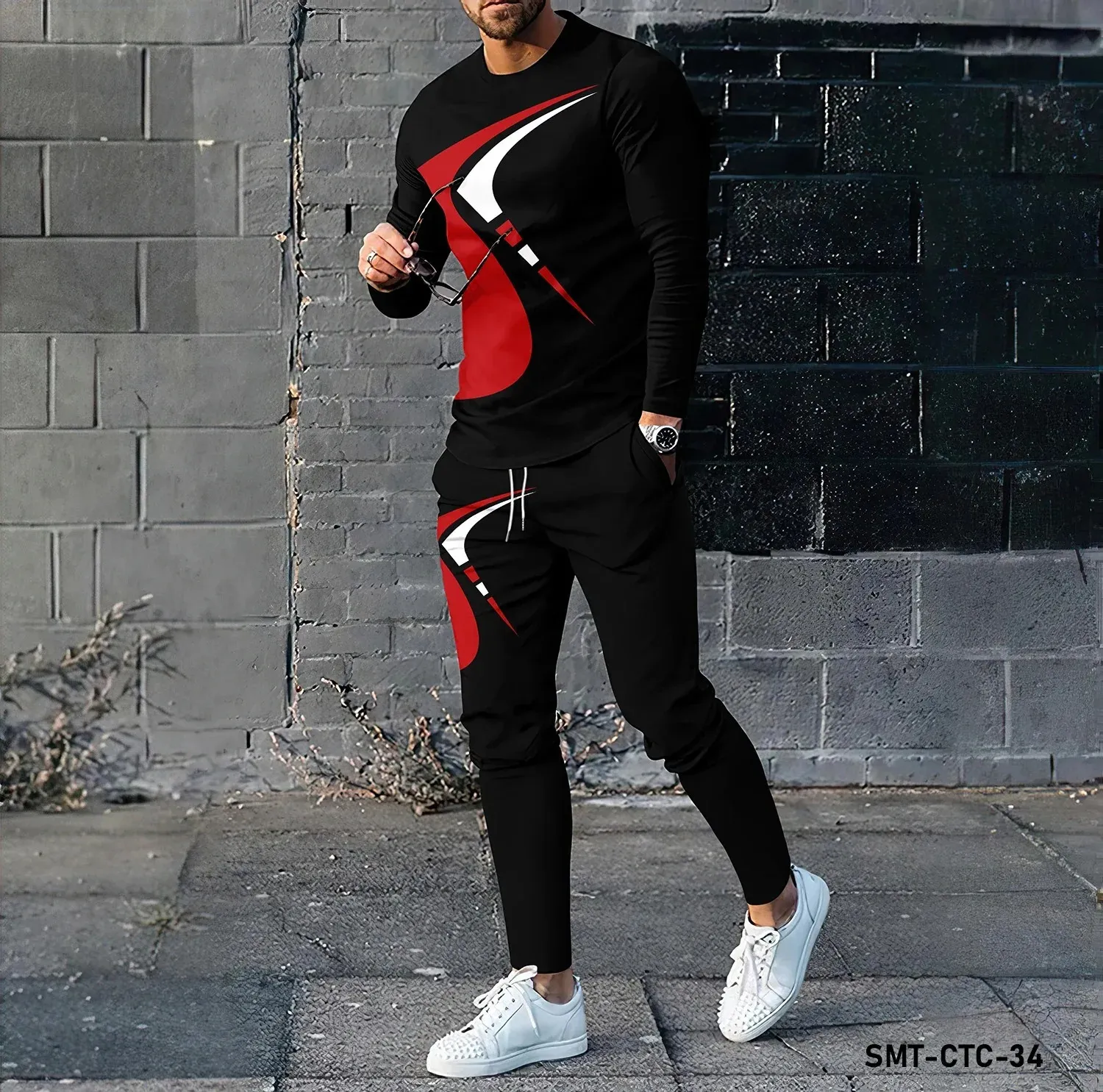 Moda esportes ternos dos homens manga longa camiseta conjunto calças 2 peça 3d impresso jogging outfit casual streetwear roupas masculinas 240322