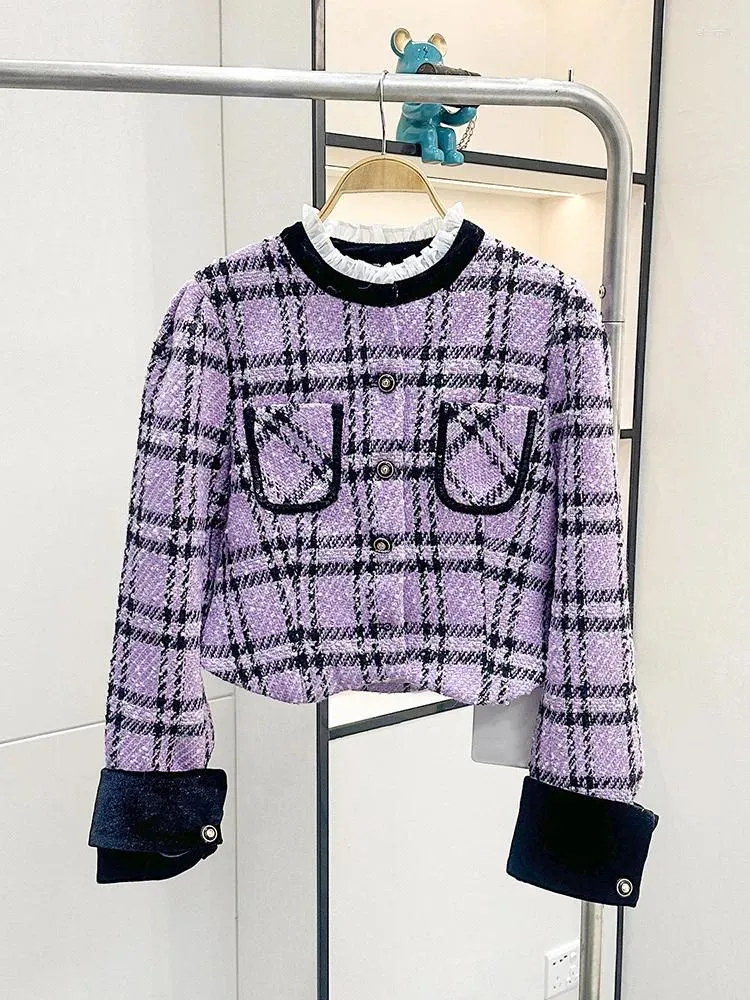 Damenjacken Frauen Lila Plaid Kurze Jacke Mode Rüschen Stehkragen Spleißen Langarm Einreiher 2024 Dame Mantel mit Taschen