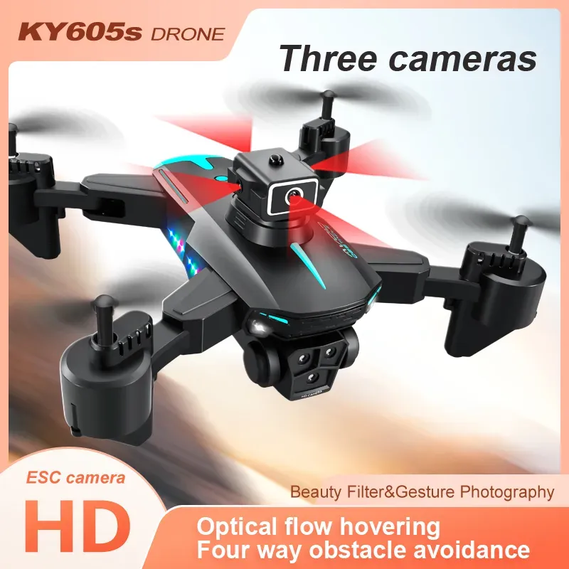 KY605S Mini Dron 4K HD Three Camera Four Way Obstacle Avoidance UAV Drone Long Range Headless Mode Optical Flow Hover FPV Drone