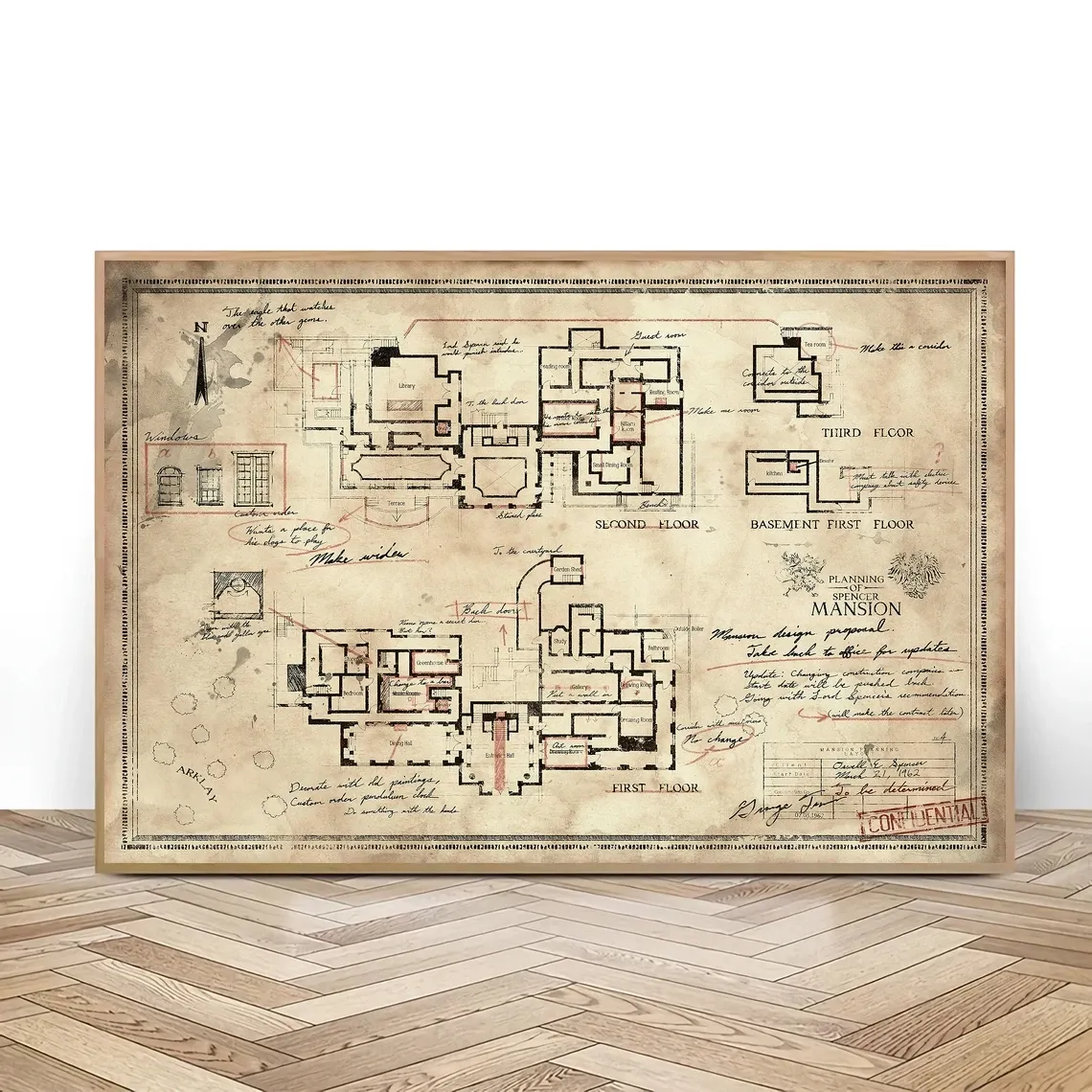 Calligraphie The Spencer Mansion Plan Print, Raccoon City Police Department Mansion Plan Map Canvas Poster Wall Art, Home Decor (No Frame)