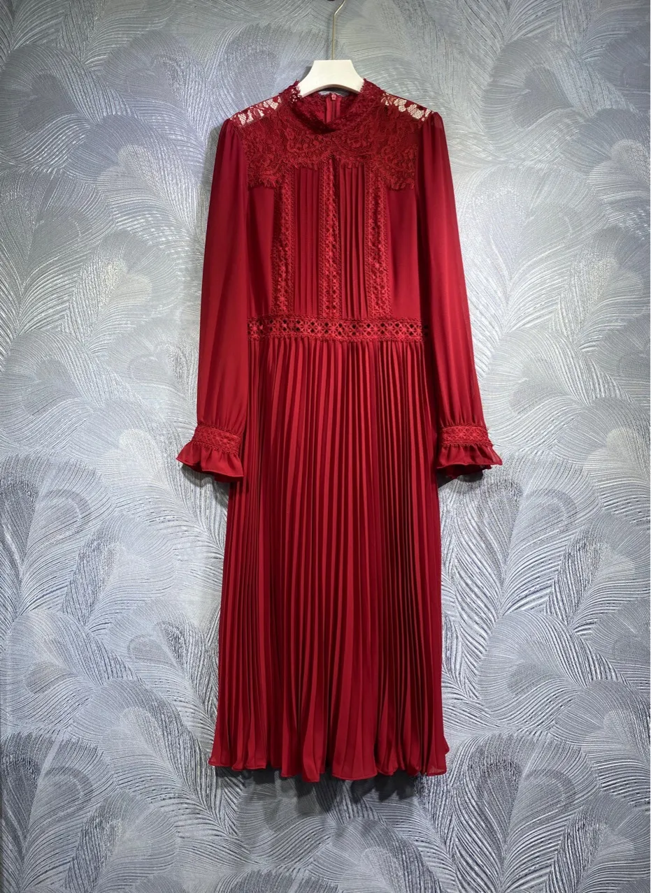 2024 Spring Red Solid Color Panelled Dress Long Sleeve Stand Collar Lace Midi Casual Dresses F4M061403