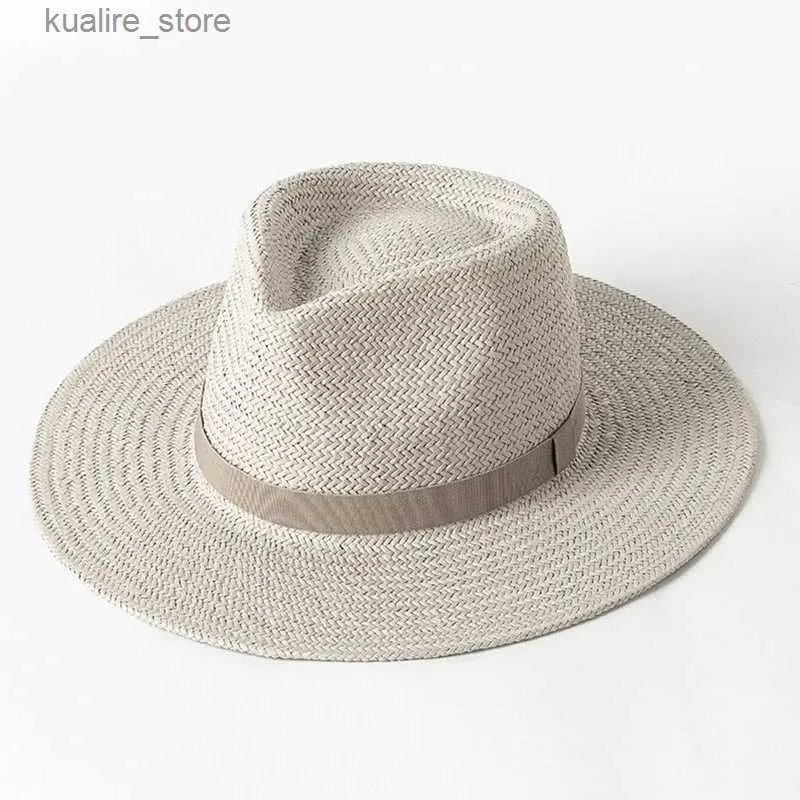 Hoeden met brede rand Emmerhoeden 2023 Nieuwe effen band Panama strohoeden voor dames Zomer strandhoeden Brede rand zonnehoed Begrafeniskerk Derby Fedora Cap UPF50 + L240322