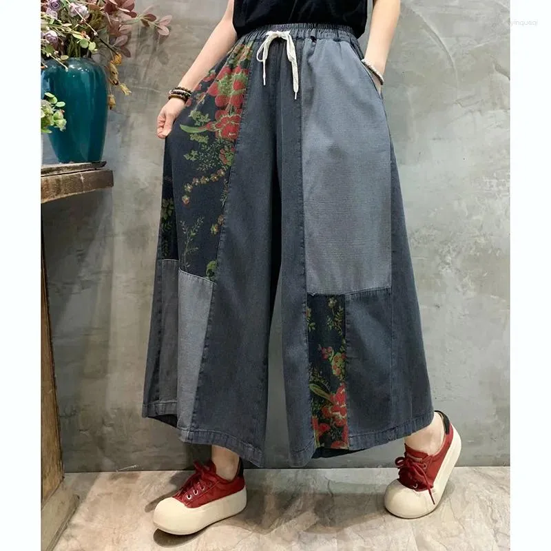 Jeans pour femmes ethniques femmes 2024 vintage baggy imprimé patchwork large pantalon en denim harajuku mode coréenne taille élastique maman