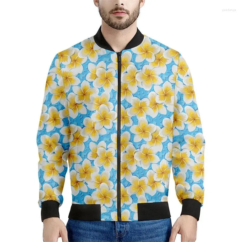 Giacche da uomo Giacca con cerniera colorata con motivo Frangipani Uomo Donna Cappotto floreale stampato in 3D Top con zip Felpa bomber a maniche lunghe