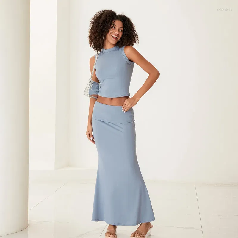 ワークドレス女性2ピーススカートセット夏の服2024ソリッドカラーモックネッククロップタンクトップススリムな長いスカートセットストリートウェア