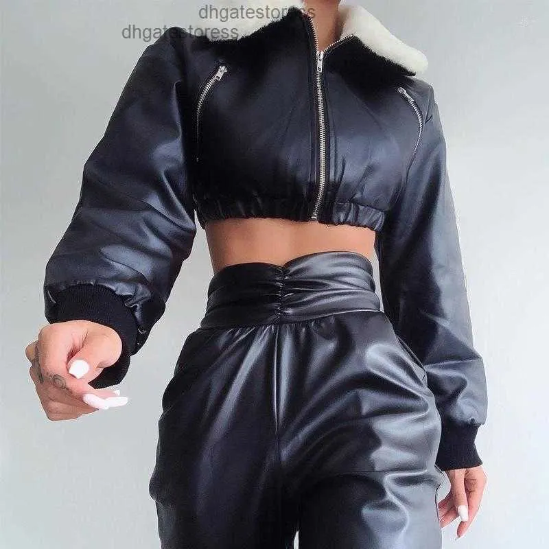 Mulheres jaquetas de couro falso recortado jaqueta manga longa zip up lapela pele motor biker casaco feminino moda streetwear pelúcia inverno