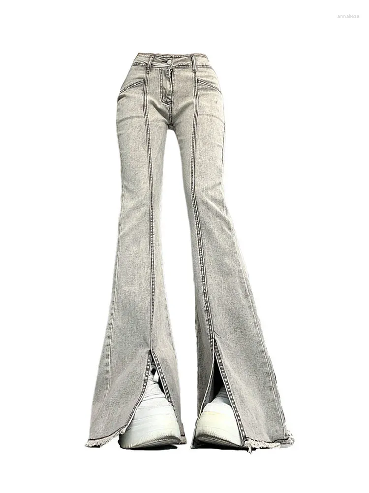Jeans da donna American Retro Grey Flare Vita alta Pantaloni slim a zampa d'elefante Pantaloni moda denim con orlo diviso Pantaloni da strada classici