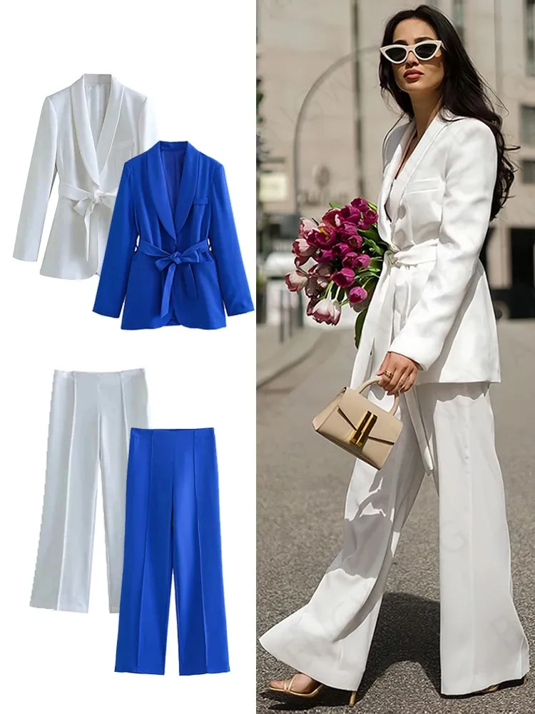 ZBZA Casual Womens Long Sleeve VNeck White Blazer High Waisted Wide Leg Trousers Office Ladies Black Suit Fashion Top 240319