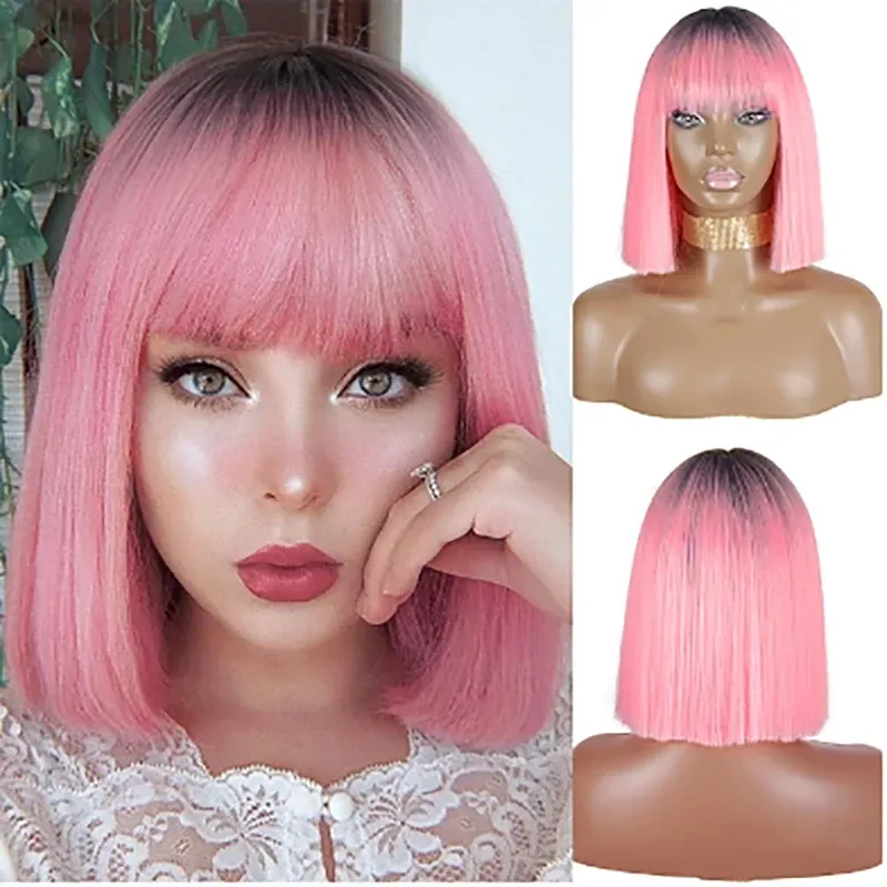 Wigs HAIRJOY Synthetic Hair Short Straight Bob Wig Neat Bang Pink Ombre Red Brown Blue Wigs for Women