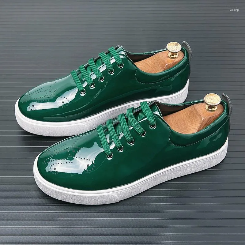 Casual Shoes Spring and Autumn High Quality Patent Leather Men's Lace-Up Sneakers Green Carved Sole Designer