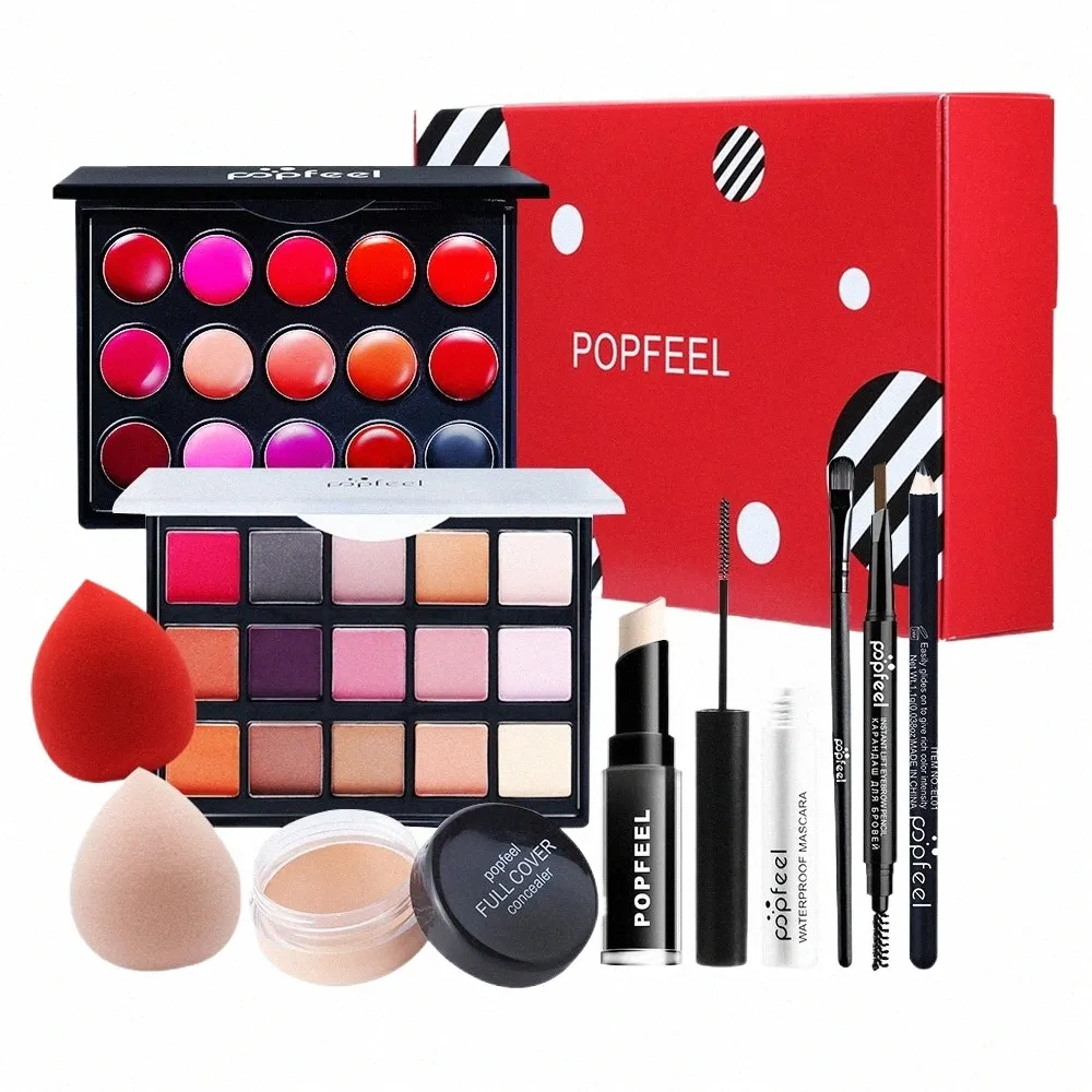 10pcs / kit Gift Box Makeup Set Eye Shadow Palette Foundati Ccealer Mascara Sobrancelha Delineador Lip Gloss Cosmetic Puff Brush g43J #