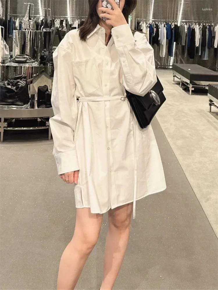 Casual Dresses Women White Shirt Dress 2024 Spring Summer Turn-Down Collar Elegant Ladies Single-Breasted Short Robe With Sashes