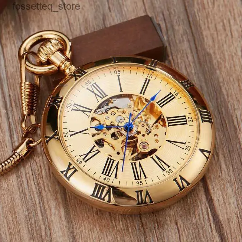 Zakhorloges Volledig koperen automatische mechanische Pocket es Heren Dames Gouden skelet Steampunk Zelfopwindende Fob-kettinghanger Reloj L240322