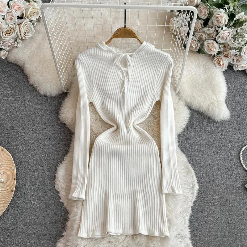 Casual Dresses Women Knitting Dress Fall Winter Korean Style A-Line Mini Solid Color Drawstring V-Neck Hooded Sticked For Ladies