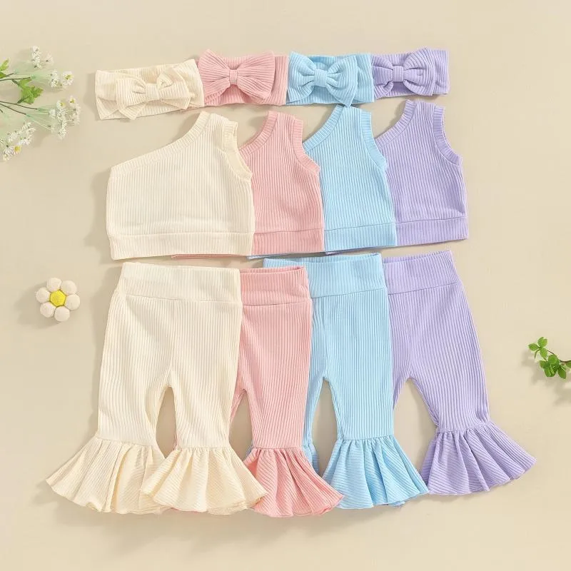 Conjuntos de roupas Focusnorm 0-4Y Criança Crianças Meninas Roupas de Verão 2 Pcs Sólido Um Ombro Ribbed Tops Elastic Cintura Flare Calças Bow Headband