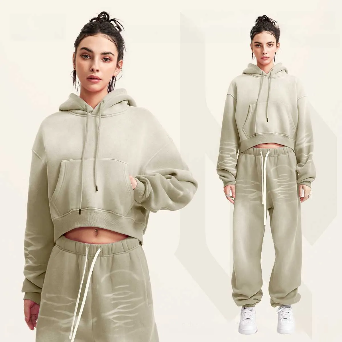 2023spring Custom Hoodie Set Women Clothing Winter 2 Piece for Solid Crop Top Two Sweat Pants