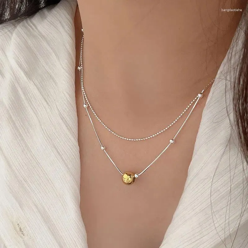 Chains Trendy Layered Ball Pendant Necklace 925 Sterling Silver Dainty Simple Two Tone High Polished Plain Beaded Chain Choker