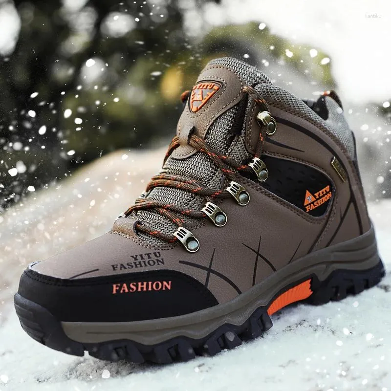 Sapatos de fitness marca homens botas de neve de inverno à prova dwaterproof água tênis de couro de pelúcia quente ao ar livre masculino caminhadas trabalho tamanho 39-47