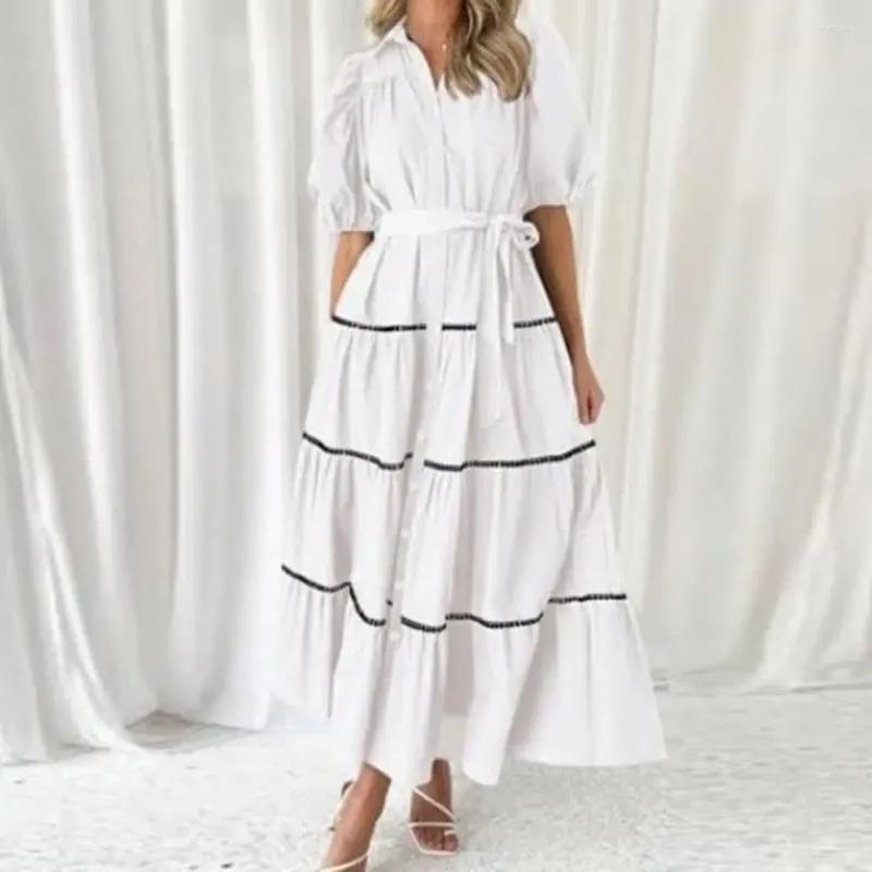 Lässige Kleider, bequemes Kleid mit Bindegürtel, elegantes Sommer-Maxikleid für Damen mit Revers, Puffärmeln, abgestufte Rüschen, fließendes Design, einzeln für A