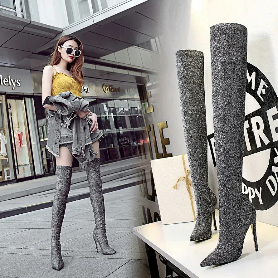 أحذية مدببة Tee Bling Sock Boots Women 2021 قطعة قماش مفرطة Overtheknee Botte Night Club Stiletto High High Cheels Stretch Botas de Mujer