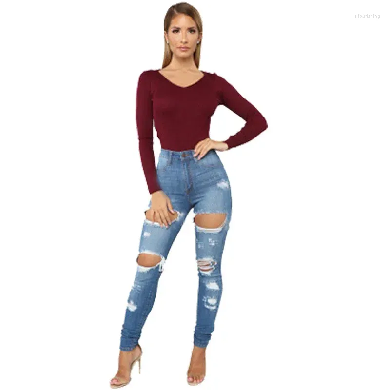 Jeans pour femmes déchirés pour femmes sexy évider taille moyenne pantalon crayon maigre pantalon femme mince en détresse streetwear