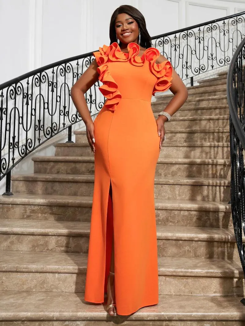 Robes de grande taille AOMEI Sexy femmes vêtements Orange à volants bord pétale décoration asymétrique fendu robe de soirée pour les femmes 2024