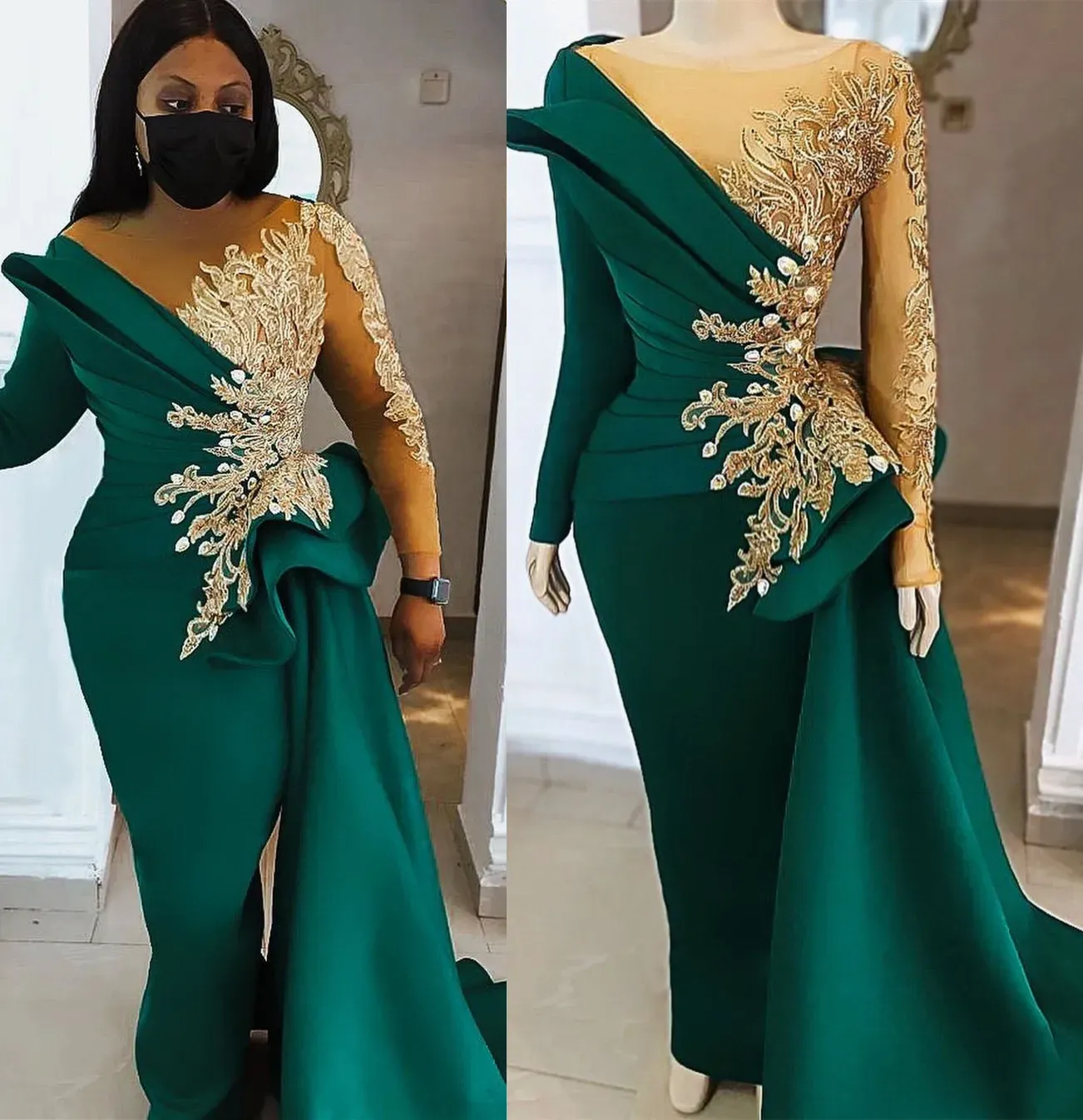 Plus Size Arabisch Dunkelgrün Luxuriöse Ballkleider Spitze Perlen Kristalle Abend formelle Party Zweiter Empfang Geburtstag Verlobungskleid Kleid