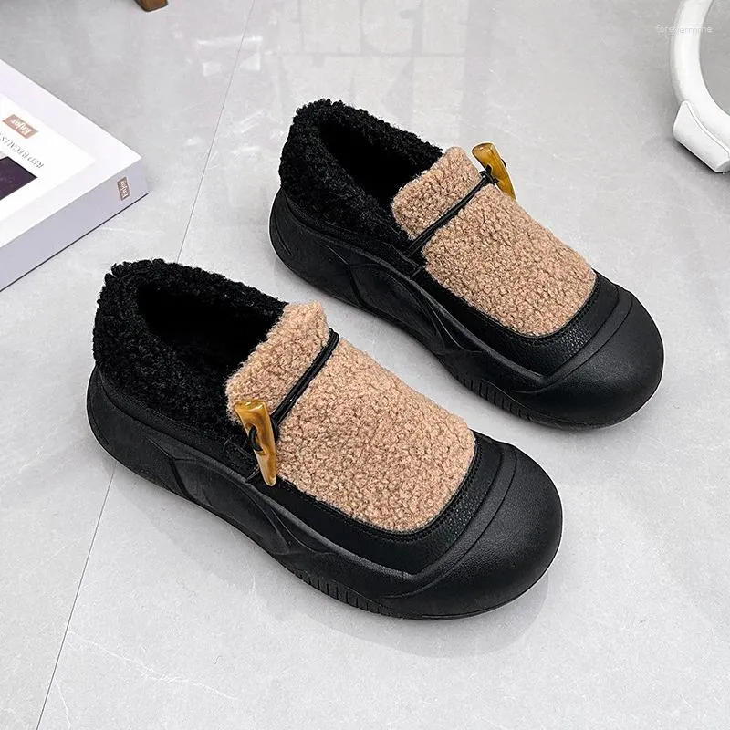 Casual skor loafers päls kvinnor stövlar lägenheter plattform rund tå bekvämt arbete vinter plysch varm bomull promenad lady zapatos