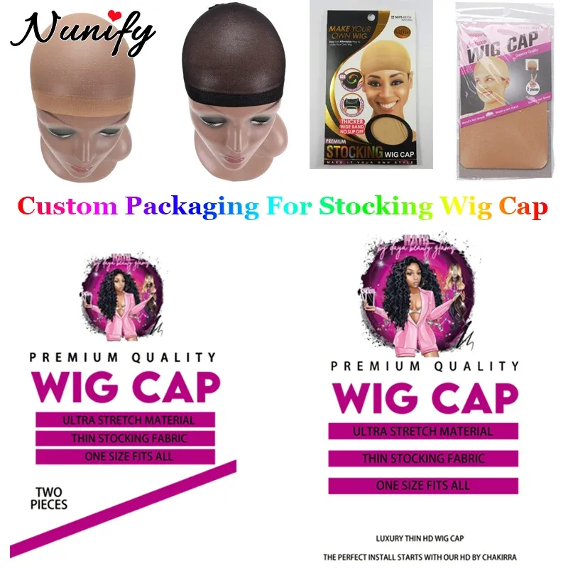 Hårnät 50packar Anpassad logotypförpackning för strumpa Wig Cap Printed LOGO för Wig Cap Packaging Privat Label Mesh Lace Hairnet Wholesale