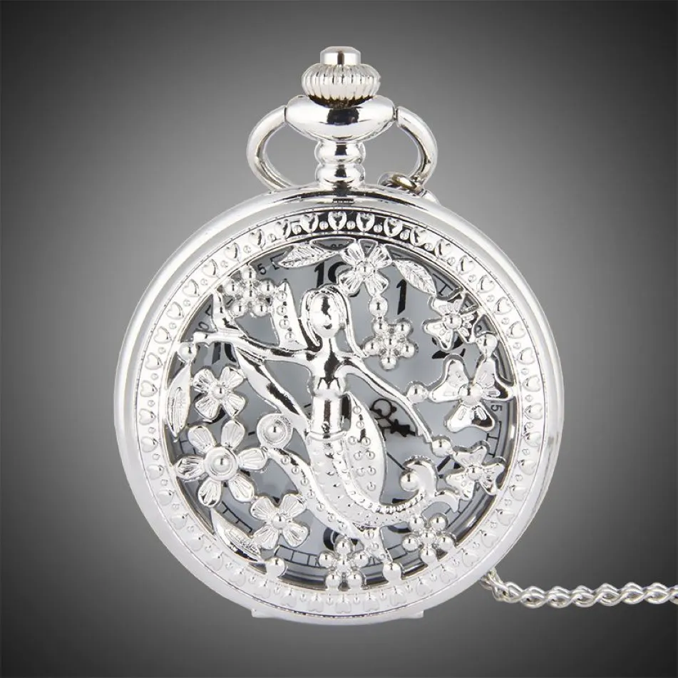 Orologio da tasca TFO Petali cavi in argento circondano danzanti sirena design pendente collana regalo di moda da donna219E